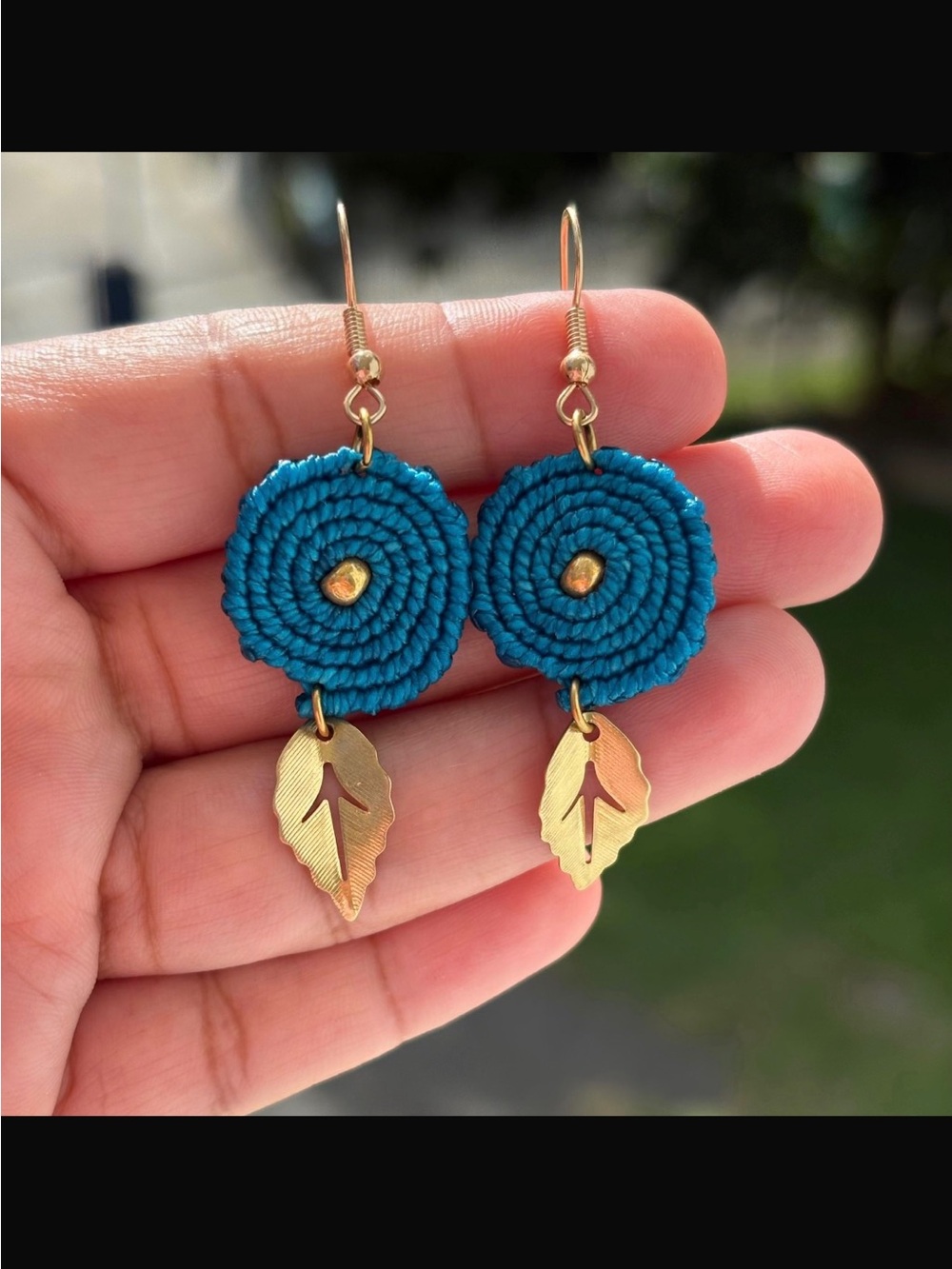 Handcrafted Teal Crochet Disc Earrings with Gold Leaf Dangles